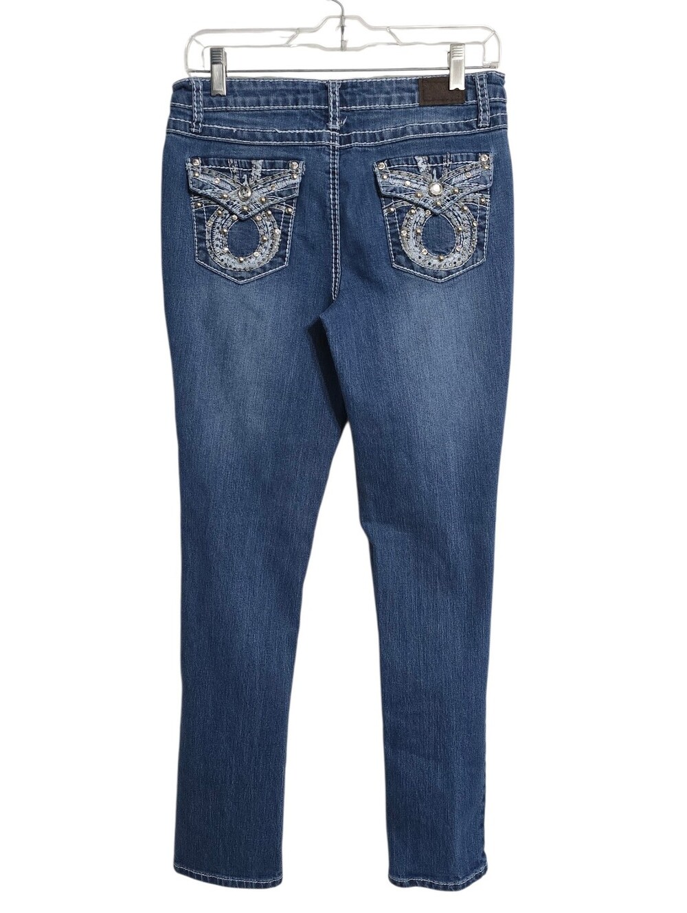Earl Jean Slim Straight 4 Denim Embroidered Flap Pockets Embellished Rhinestones